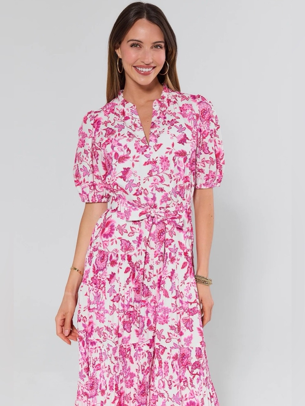Avara Pink Floral Pleated Midi Janice Dress Sz L NWT